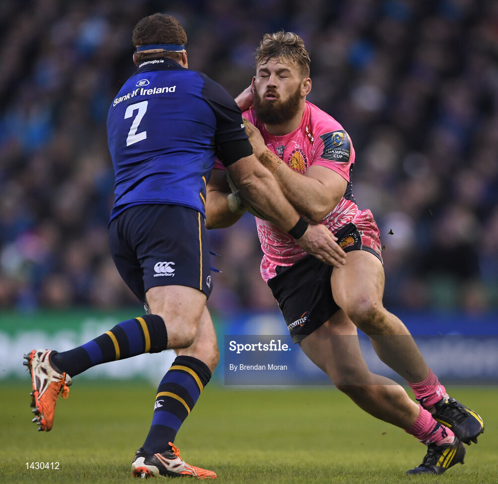 16 December 2017; Luke Cowan-Dickie of Exeter Chiefs is tackled by Sean Cronin of Leinster during the European Rugby Champions Cup Pool 3 Round 4 match between Leinster and Exeter Chiefs at the Aviva Stadium in Dublin. Photo by Brendan Moran/Sportsfile