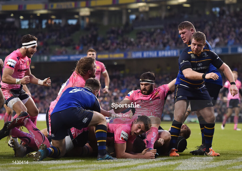 16 December 2017; Luke Cowan-Dickie of Exeter Chiefs, hidden, goes over to score his side's second try during the European Rugby Champions Cup Pool 3 Round 4 match between Leinster and Exeter Chiefs at the Aviva Stadium in Dublin. Photo by Seb Daly/Sportsfile