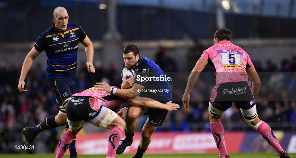 16 December 2017; Robbie Henshaw of Leinster is tackled by Matt Kvesic of Exeter Chiefs during the European Rugby Champions Cup Pool 3 Round 4 match between Leinster and Exeter Chiefs at the Aviva Stadium in Dublin. Photo by Ramsey Cardy/Sportsfile