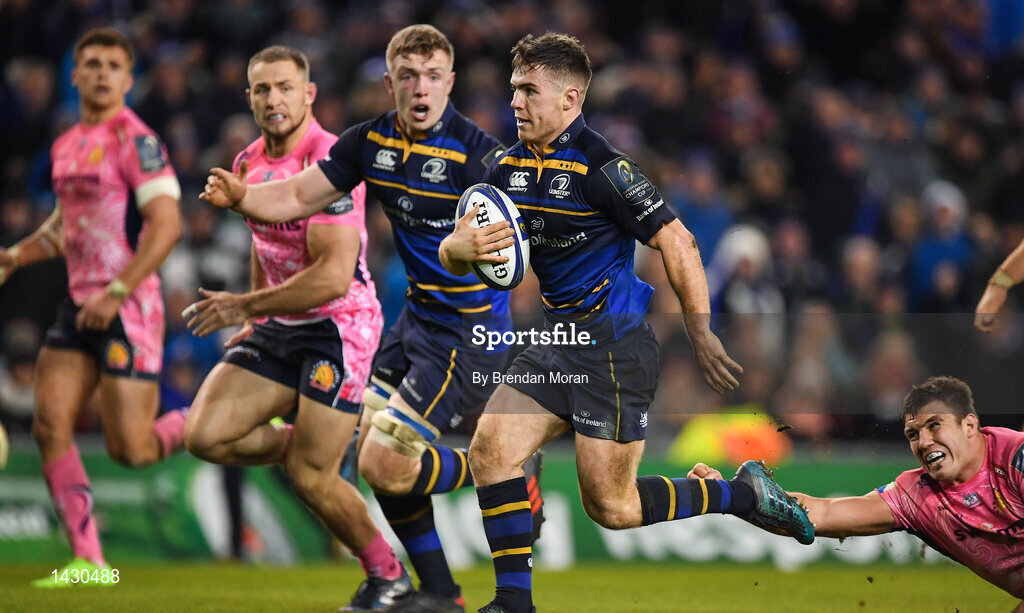 16 December 2017; Luke McGrath of Leinster runs through to his side's first try, after a pass from team-mate Dan Leavy, left, during the European Rugby Champions Cup Pool 3 Round 4 match between Leinster and Exeter Chiefs at the Aviva Stadium in Dublin. Photo by Brendan Moran/Sportsfile