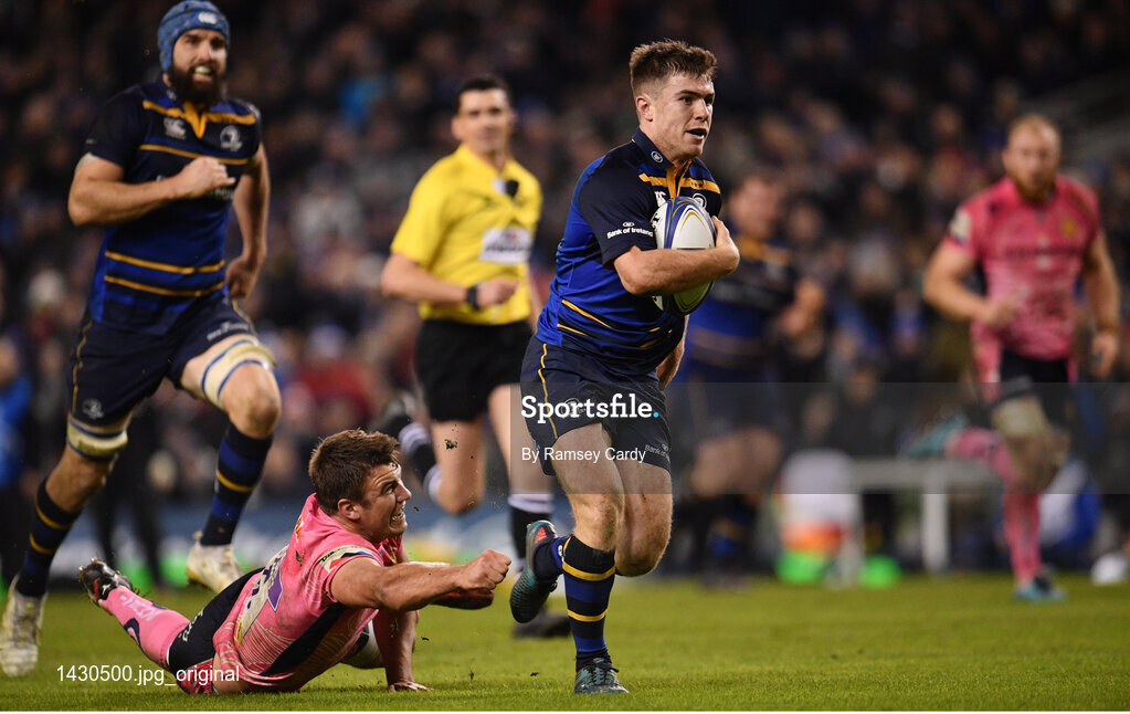 16 December 2017; Luke McGrath of Leinster on his way to scoring his side's first try during the European Rugby Champions Cup Pool 3 Round 4 match between Leinster and Exeter Chiefs at the Aviva Stadium in Dublin. Photo by Ramsey Cardy/Sportsfile