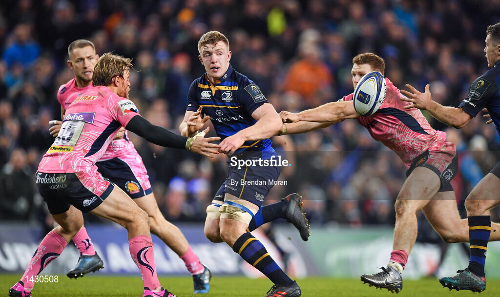 16 December 2017; Dan Leavy of Leinster offloads to team-mate Luke McGrath, right, on the way to scoring their side's first try during the European Rugby Champions Cup Pool 3 Round 4 match between Leinster and Exeter Chiefs at the Aviva Stadium in Dublin. Photo by Brendan Moran/Sportsfile