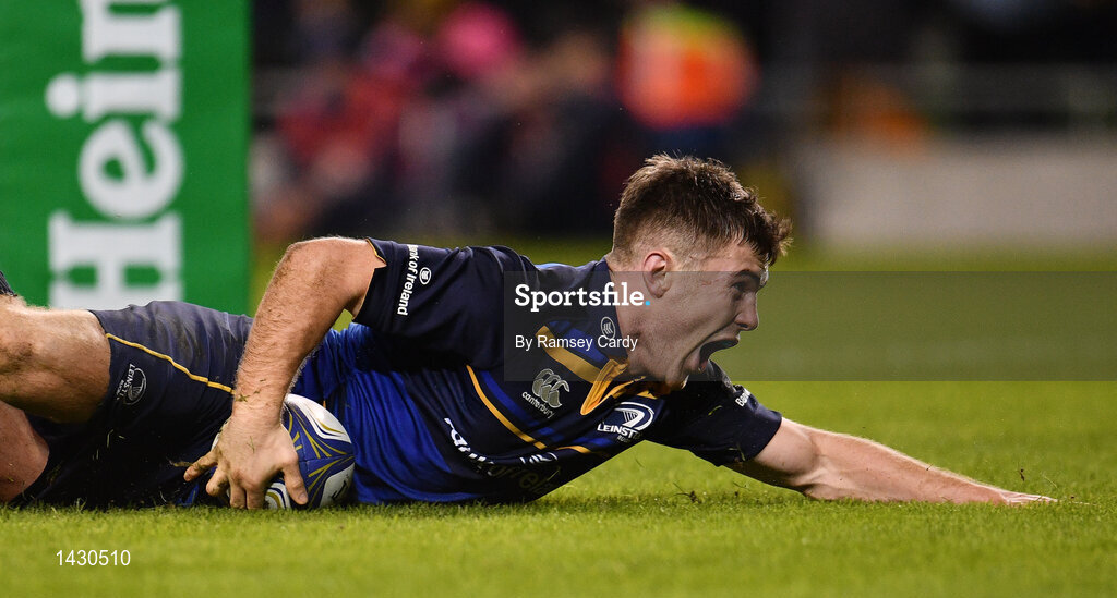 16 December 2017; Luke McGrath of Leinster celebrates after scoring his side's first try during the European Rugby Champions Cup Pool 3 Round 4 match between Leinster and Exeter Chiefs at the Aviva Stadium in Dublin. Photo by Ramsey Cardy/Sportsfile