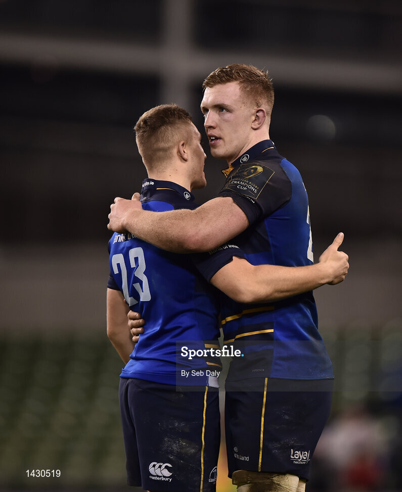 16 December 2017; Jordan Larmour, left, and Dan Leavy of Leinster following their side's victory during the European Rugby Champions Cup Pool 3 Round 4 match between Leinster and Exeter Chiefs at the Aviva Stadium in Dublin. Photo by Seb Daly/Sportsfile