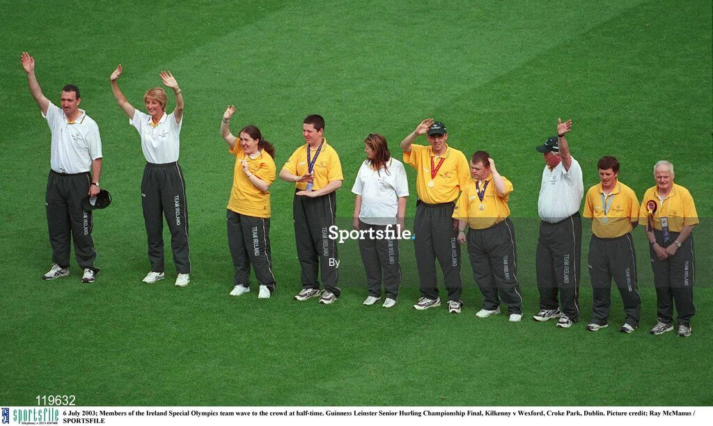 6 July 2003; Members of the Ireland Special Olympics team wave to the crowd at half-time. Guinness Leinster Senior Hurling Championship Final, Kilkenny v Wexford, Croke Park, Dublin. Picture credit; Ray McManus / SPORTSFILE