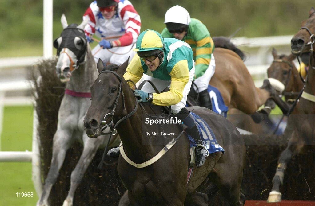 30 July 2003; Nearly A Moose, with Robert Power up, winns the Hewlett-Packard Galway Plate after jumping the last. Galway Racing Festival, Ballybrit, Galway. Picture credit; Matt Browne / SPORTSFILE *EDI*
