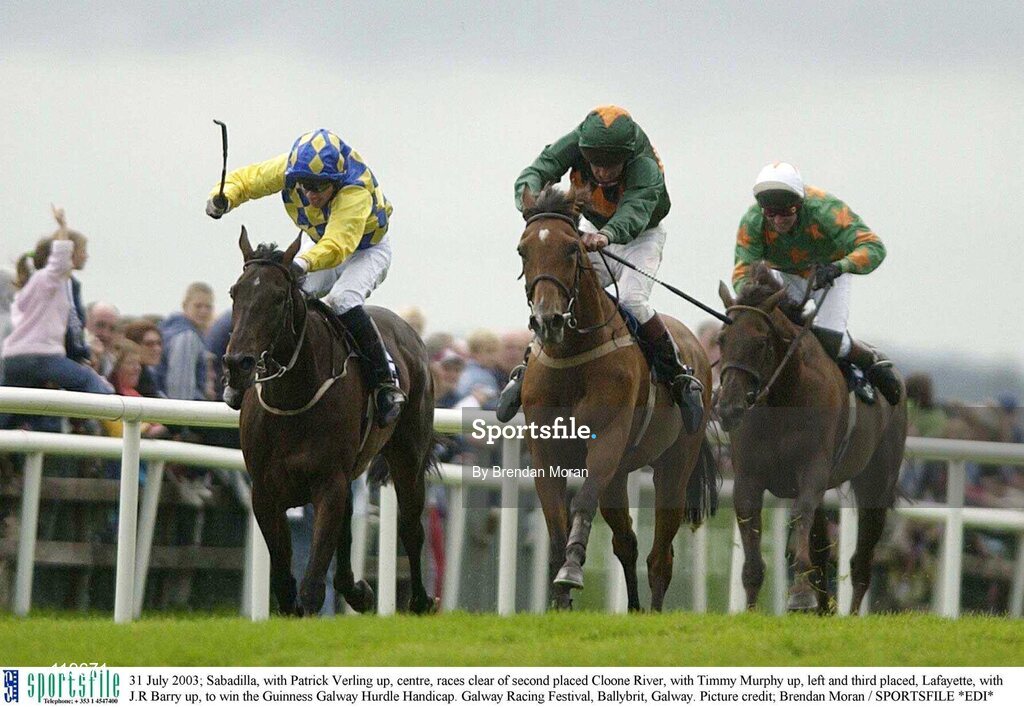 31 July 2003; Sabadilla, with Pat Verling up, centre, races clear of second placed Cloone River, with Timmy Murphy up, left and third placed, Lafayette, with J.R Barry up, to win the Guinness Galway Hurdle Handicap. Galway Racing Festival, Ballybrit, Galway. Picture credit; Brendan Moran / SPORTSFILE *EDI*