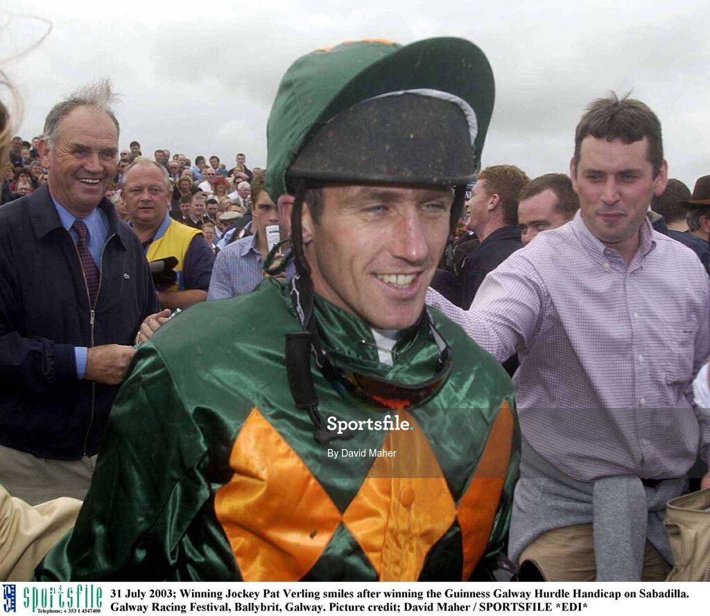 31 July 2003; Winning Jockey Pat Verling smiles after winning the Guinness Galway Hurdle Handicap on Sabadilla. Galway Racing Festival, Ballybrit, Galway. Picture credit; David Maher / SPORTSFILE *EDI*