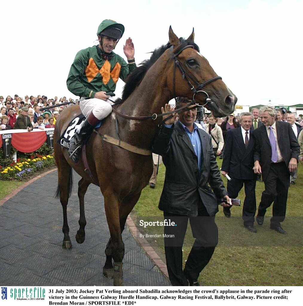31 July 2003; Jockey Pat Verling aboard Sabadilla acknowledges the crowd's applause in the parade ring after victory in the Guinness Galway Hurdle Handicap. Galway Racing Festival, Ballybrit, Galway. Picture credit; Brendan Moran / SPORTSFILE *EDI*