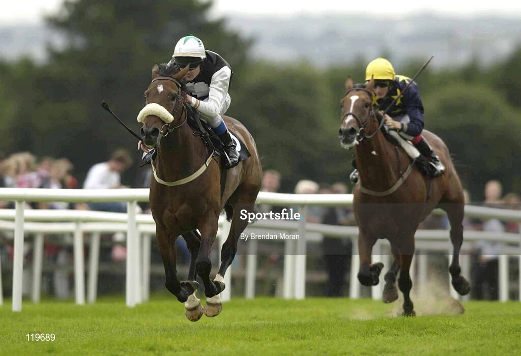 30 July 2003; High Priestess, with Pat Smullen up, races clear of Anarchy, with Francis Berry up, on their way to winning the HP SuperComputing Maiden. Galway Racing Festival, Ballybrit, Galway. Picture credit; Brendan Moran / SPORTSFILE *EDI*
