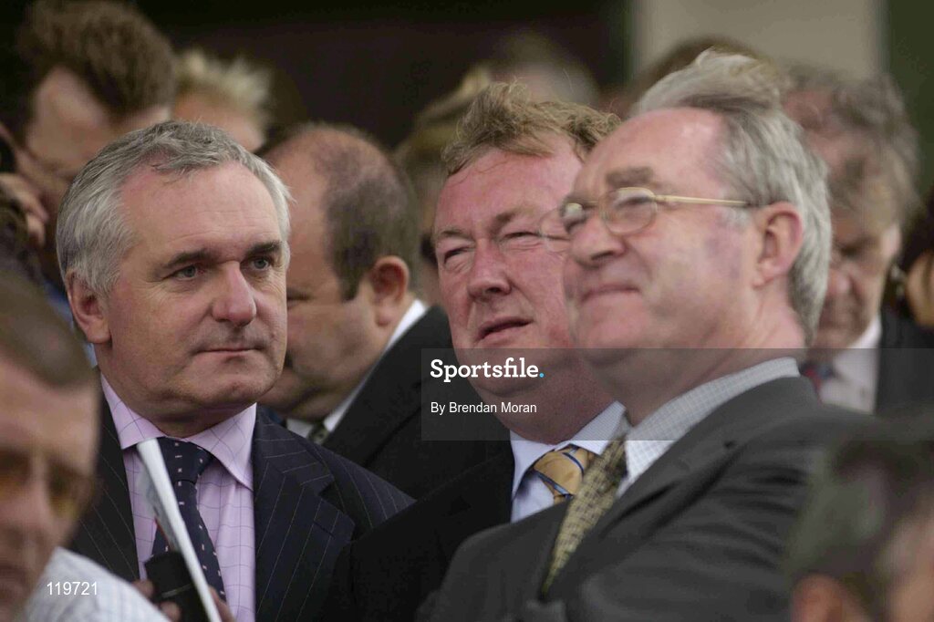 30 July 2003; An Taoiseach Bertie Ahern T.D. with the Minister for Sport and Tourism John O'Donoghue, centre, with Joe Walsh, Minister for Agriculture, right. Galway Racing Festival, Ballybrit, Galway. Picture credit; Brendan Moran / SPORTSFILE *EDI*