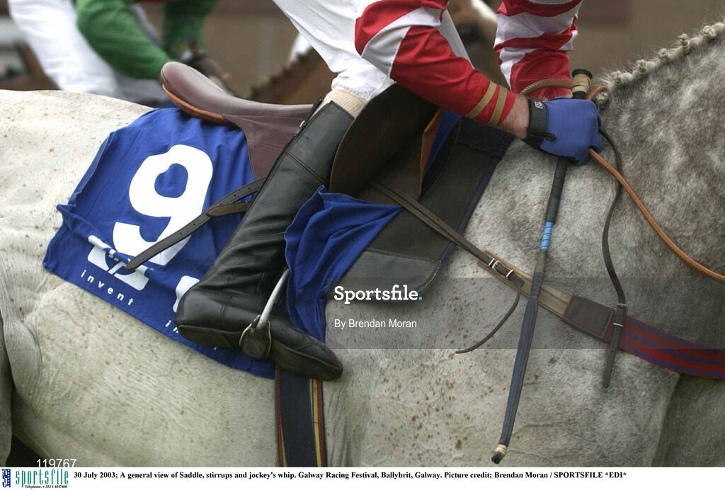 30 July 2003; A general view of Saddle, stirrups and jockey's whip. Galway Racing Festival, Ballybrit, Galway. Picture credit; Brendan Moran / SPORTSFILE *EDI*