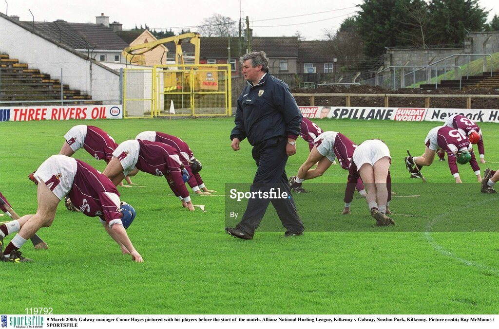 9 March 2003; Galway manager Conor Hayes pictured with his players before the start of  the match. Allianz National Hurling League, Kilkenny v Galway, Nowlan Park, Kilkenny. Picture credit; Ray McManus / SPORTSFILE
