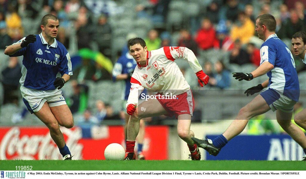 4 May 2003; Enda McGinley, Tyrone, in action against Colm Byrne, Laois. Allianz National Football League Division 1 Final, Tyrone v Laois, Croke Park, Dublin. Football. Picture credit; Brendan Moran / SPORTSFILE