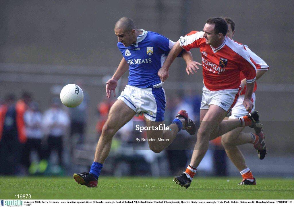 3 August 2003; Barry Brennan of Laois in action against Aidan O'Rourke of Armagh  during the Bank of Ireland All-Ireland Senior Football Championship Quarter Final between Laois and Armagh at Croke Park in Dublin. Photo by Brendan Moran/Sportsfile