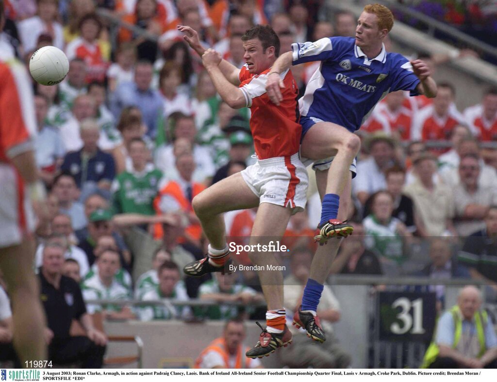 3 August 2003; Ronan Clarke of Armagh in action against Padraig Clancy of Laois during the Bank of Ireland All-Ireland Senior Football Championship Quarter Final between Laois and Armagh at Croke Park in Dublin. Photo by Brendan Moran/Sportsfile
