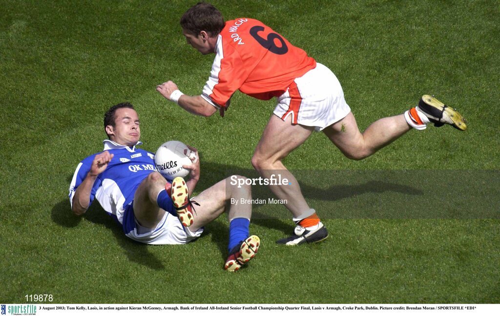 3 August 2003; Tom Kelly of Laois in action against Kieran McGeeney of Armagh during the Bank of Ireland All-Ireland Senior Football Championship Quarter Final between Laois and Armagh at Croke Park in Dublin. Photo by Brendan Moran/Sportsfile