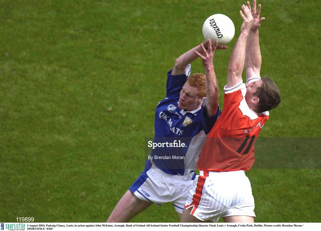 3 August 2003; Padraig Clancy of Laois in action against John McEntee of Armagh during the Bank of Ireland All-Ireland Senior Football Championship Quarter Fina between Laois and Armagh at Croke Park in Dublin. Photo by Brendan Moran/Sportsfile