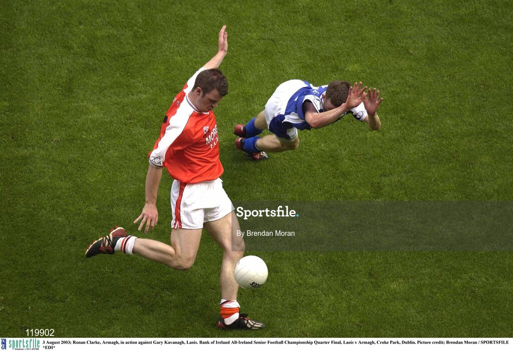 3 August 2003; Ronan Clarke of Armagh in action against Gary Kavanagh of Laois during the Bank of Ireland All-Ireland Senior Football Championship Quarter Final between Laois and Armagh at Croke Park in Dublin. Photo by Brendan Moran/Sportsfile