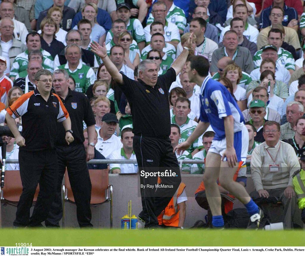 3 August 2003; Armagh manager Joe Kernan celebrates at the final whistle of the Bank of Ireland All-Ireland Senior Football Championship Quarter Final between Laois and Armagh at Croke Park in Dublin. Photo by Ray McManus/Sportsfile