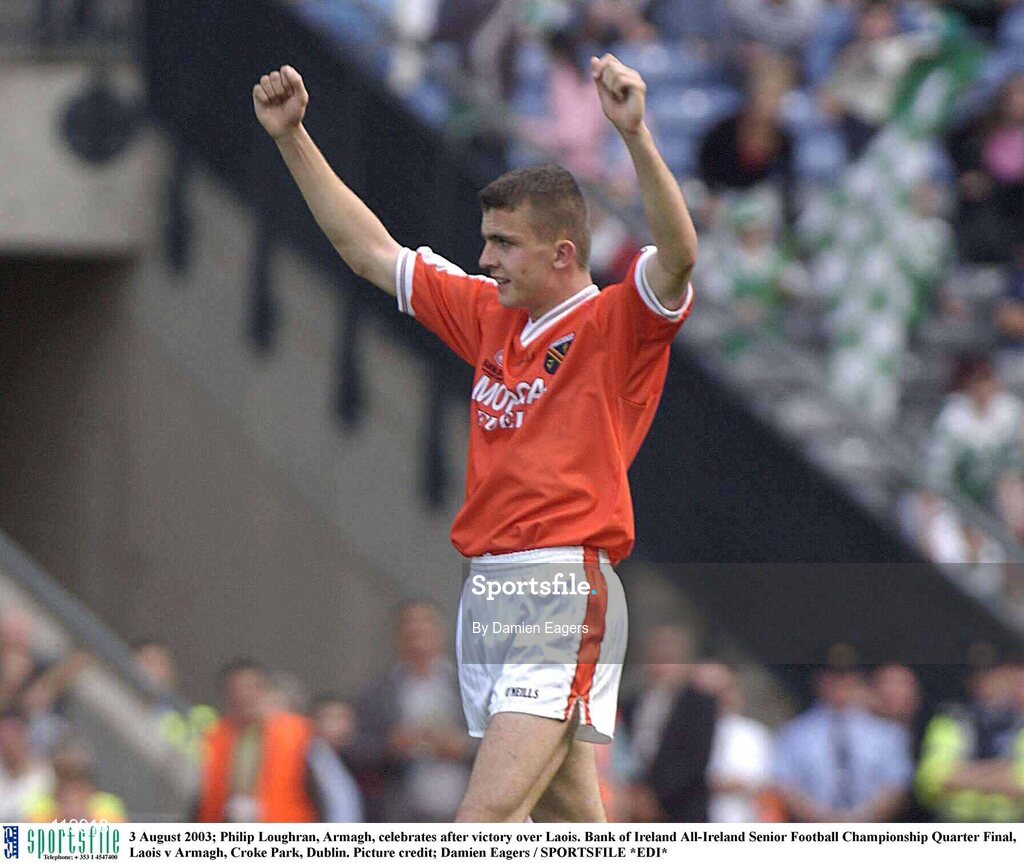 3 August 2003; Philip Loughran of Armagh celebrates after the victory over Laois in the Bank of Ireland All-Ireland Senior Football Championship Quarter Final between Laois and Armagh at Croke Park in Dublin.   Photo by Damien Eagers/Sportsfile