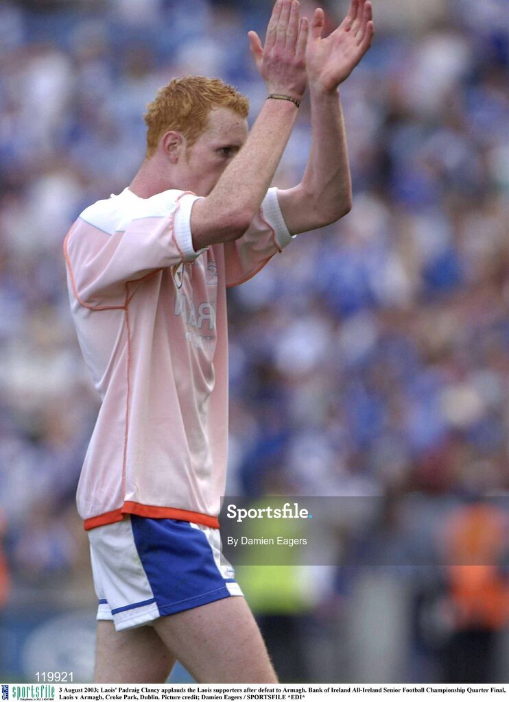 3 August 2003; Padraig Clancy of Laois applauds the Laois supporters after defeat to Armagh in the Bank of Ireland All-Ireland Senior Football Championship Quarter Final between Laois and Armagh at Croke Park in Dublin. Photo by Damien Eagers/Sportsfile