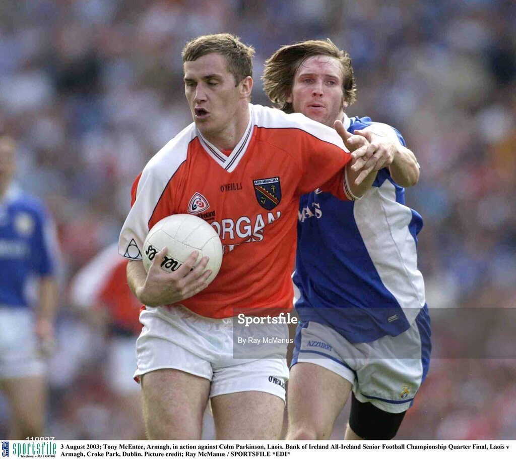 3 August 2003; Tony McEntee of Armagh in action against Colm Parkinson of Laois during the Bank of Ireland All-Ireland Senior Football Championship Quarter Final between Laois and Armagh at Croke Park in Dublin. Photo by Ray McManus/Sportsfile