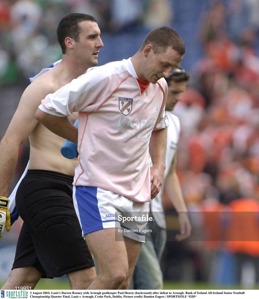 3 August 2003; Darren Rooney of Laois and Armagh goalkeeper Paul Hearty after the Bank of Ireland All-Ireland Senior Football Championship Quarter Final between Laois and Armagh at Croke Park in Dublin. Photo by Damien Eagers/Sportsfile