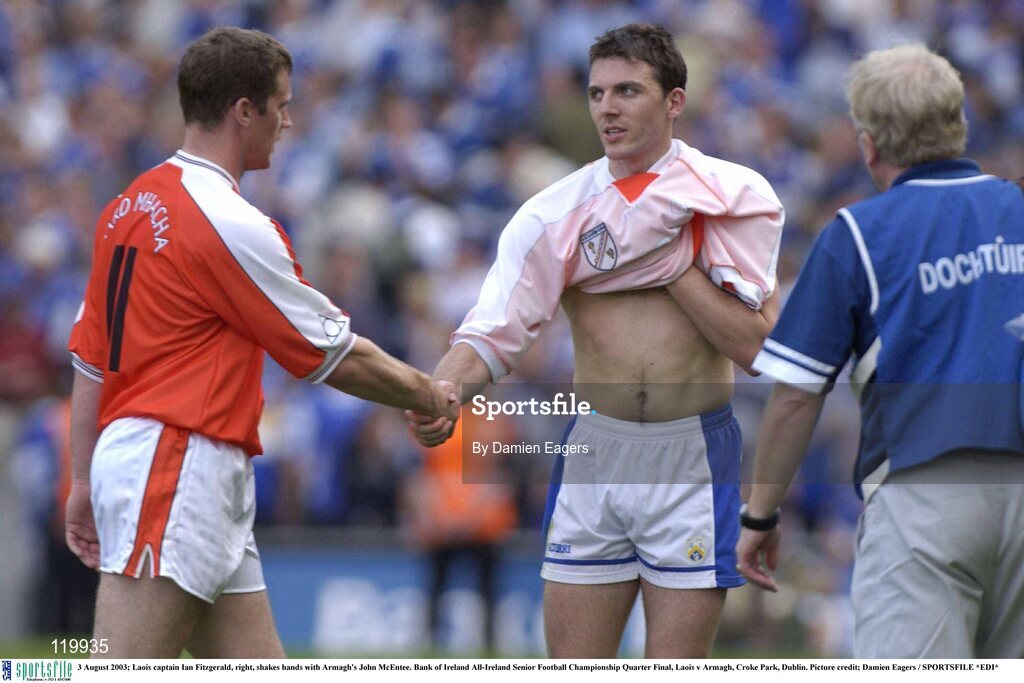 3 August 2003; Ian Fitzgerald of Laois, right, shakes hands with John McEntee of Armagh after the Bank of Ireland All-Ireland Senior Football Championship Quarter Final between Laois and Armagh at Croke Park in Dublin. Photo by Damien Eagers/Sportsfile