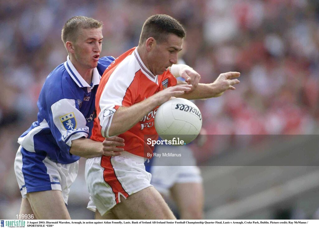 3 August 2003; Diarmaid Marsden of Armagh in action against Aidan Fennelly of Laois during the Bank of Ireland All-Ireland Senior Football Championship Quarter Final between Laois and Armagh at Croke Park in Dublin. Photo by Ray McManus/Sportsfile