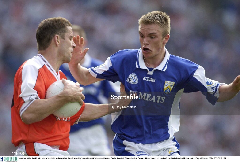 3 August 2003; Paul McGrane of Armagh in action against Ross Munnelly of Laois during the Bank of Ireland All-Ireland Senior Football Championship Quarter Final between Laois and Armagh at Croke Park in Dublin. Photo by Ray McManus/Sportsfile