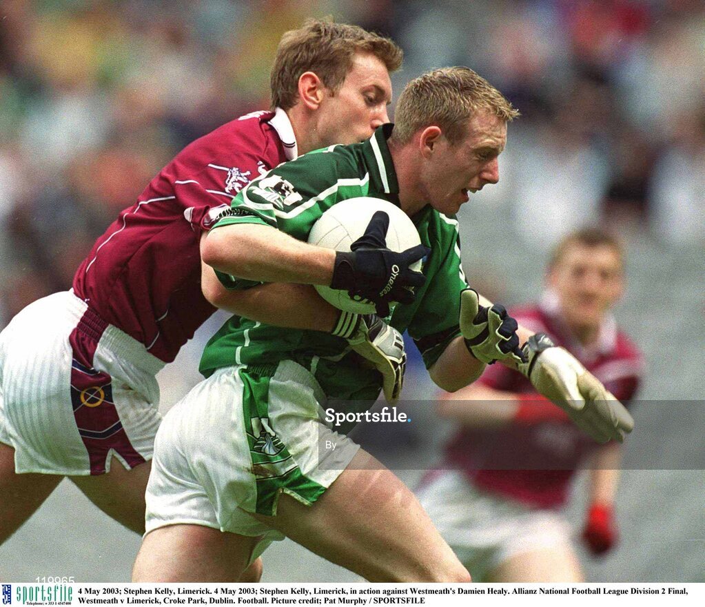 4 May 2003; Stephen Kelly, Limerick. 4 May 2003; Stephen Kelly, Limerick, in action against Westmeath's Damien Healy. Allianz National Football League Division 2 Final, Westmeath v Limerick, Croke Park, Dublin. Football. Picture credit; Pat Murphy / SPORTSFILE