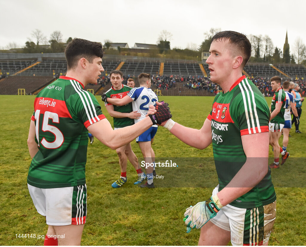 28 January 2018; Cillian O'Conor, right, and Conor Loftus of Mayo congratulate each other following their side's victory during the Allianz Football League Division 1 Round 1 match between Monaghan and Mayo at St Tiernach's Park in Clones, County Monaghan. Photo by Seb Daly/Sportsfile