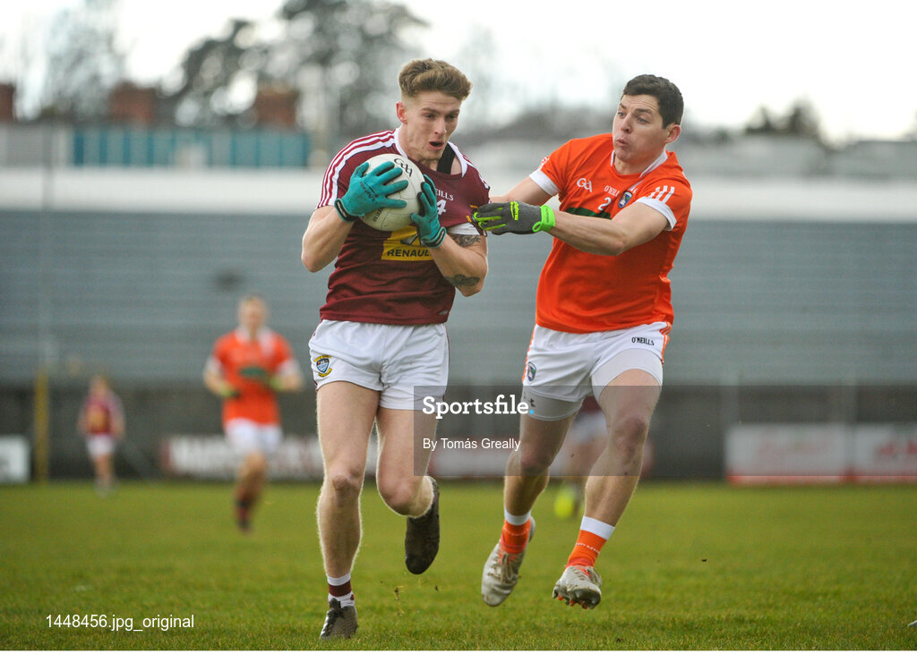 4 February 2018; Luke Loughlin of Westmeath in action against Pau Hughes of Armagh during the Allianz Football League Division 3 Round 2 match between Westmeath and Armagh at TEG Cusack Park, in Mullingar, Westmeath.  Photo by Tomás Greally/Sportsfile
