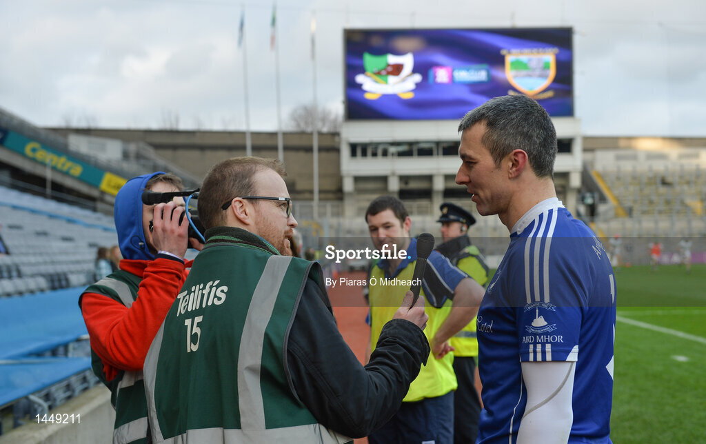 4 February 2018; Declan Prendergast of Ardmore is interviewed by Oisín Langan after the AIB GAA Hurling All-Ireland Junior Club Championship Final match between Ardmore and Fethard St Mogues at Croke Park in Dublin. Photo by Piaras Ó Mídheach/Sportsfile