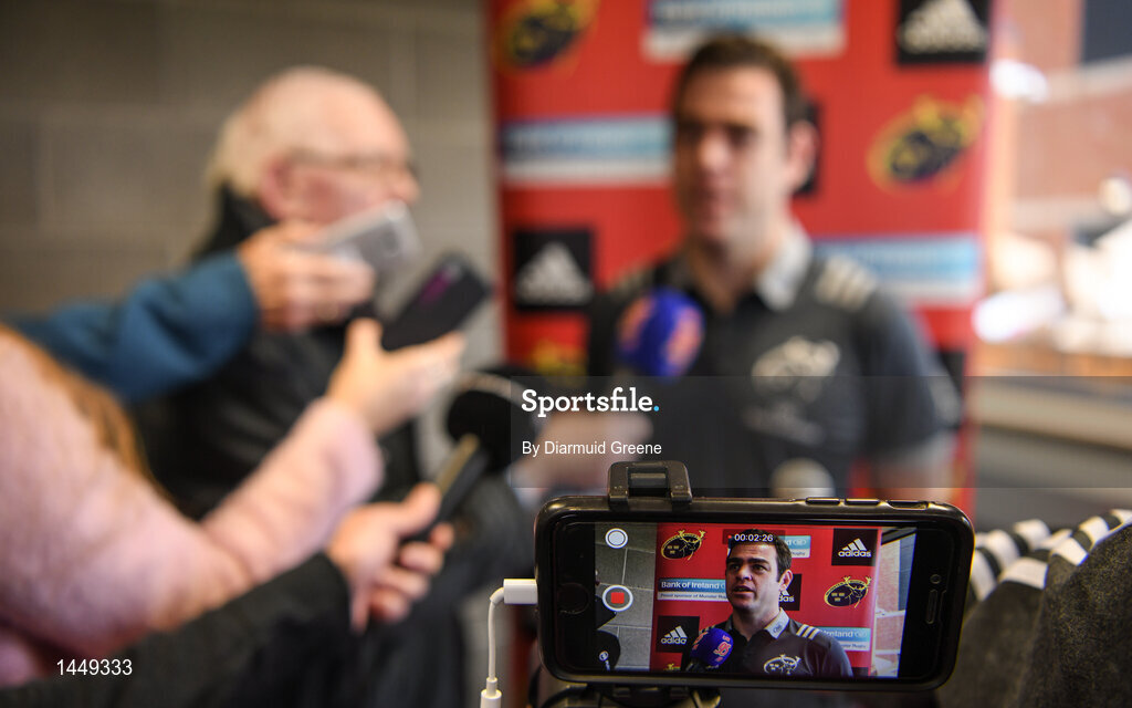 5 February 2018; Head coach Johann van Graan speaks to reporters during a Munster Rugby press conference at the University of Limerick in Limerick. Photo by Diarmuid Greene/Sportsfile