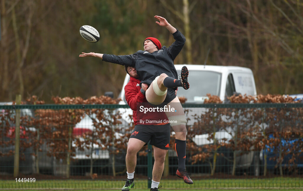 5 February 2018; Billy Holland lifted by team-mate Liam O'Connor during Munster Rugby squad training at the University of Limerick in Limerick. Photo by Diarmuid Greene/Sportsfile
