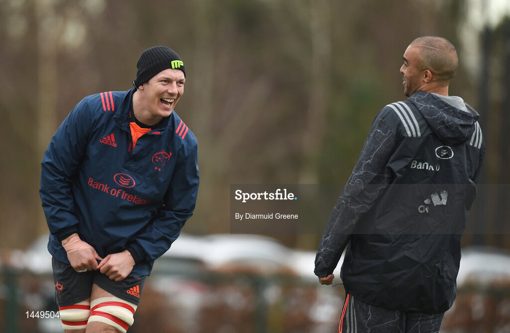 5 February 2018; Robin Copeland and Simon Zebo share a laugh before Munster Rugby squad training at the University of Limerick in Limerick. Photo by Diarmuid Greene/Sportsfile