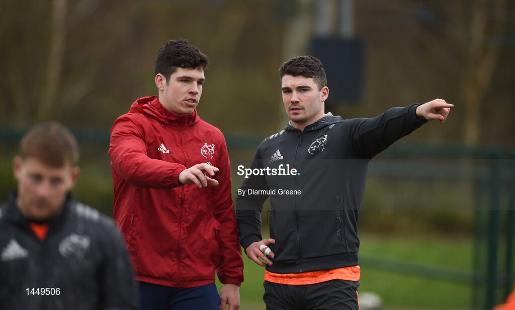 5 February 2018; Alex Wootton and Sam Arnold in conversation during Munster Rugby squad training at the University of Limerick in Limerick. Photo by Diarmuid Greene/Sportsfile