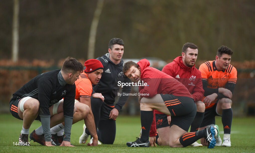 5 February 2018; Sean McCarthy, Gerbrandt Grobler, Sam Arnold, Mike Sherry, JJ Hanrahan, and Ronan O'Mahony during Munster Rugby squad training at the University of Limerick in Limerick. Photo by Diarmuid Greene/Sportsfile