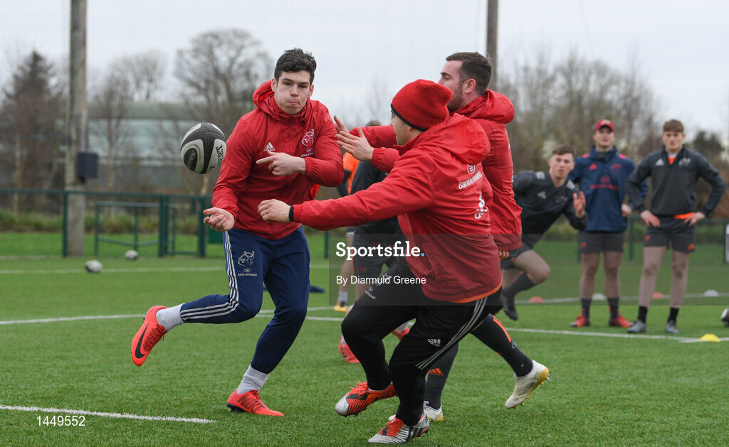 5 February 2018; Alex Wootton in action against James Hart and JJ Hanrahan during Munster Rugby squad training at the University of Limerick in Limerick. Photo by Diarmuid Greene/Sportsfile