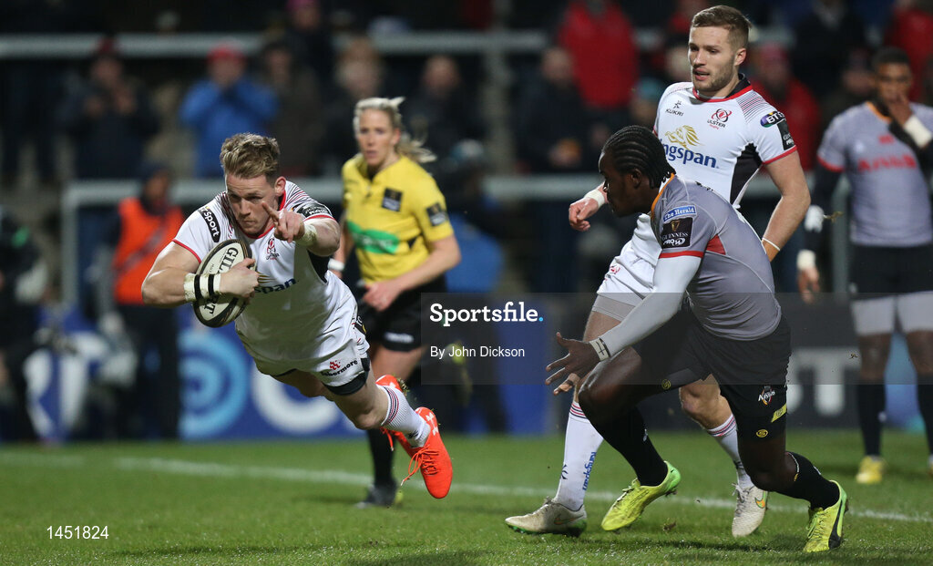 9 February 2018; Craig Gilroy of Ulster scores his side's first try during the the Guinness PRO14 Round 14 match between Ulster and Southern Kings at Kingspan Stadium in Belfast. Photo by John Dickson/Sportsfile