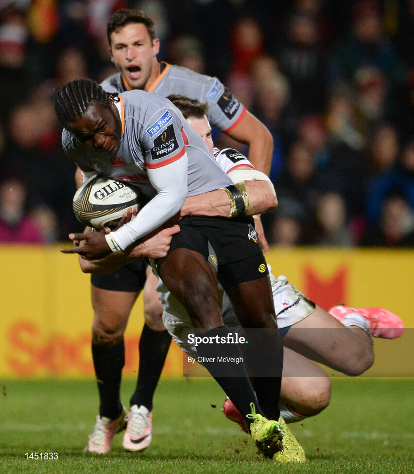 9 February 2018; Yaw Penxe of Southern kings is tackled by Stuart McCloskey of Ulster during the Guinness PRO14 Round 14 match between Ulster and Southern Kings at Kingspan Stadium in Belfast.  Photo by Oliver McVeigh/Sportsfile