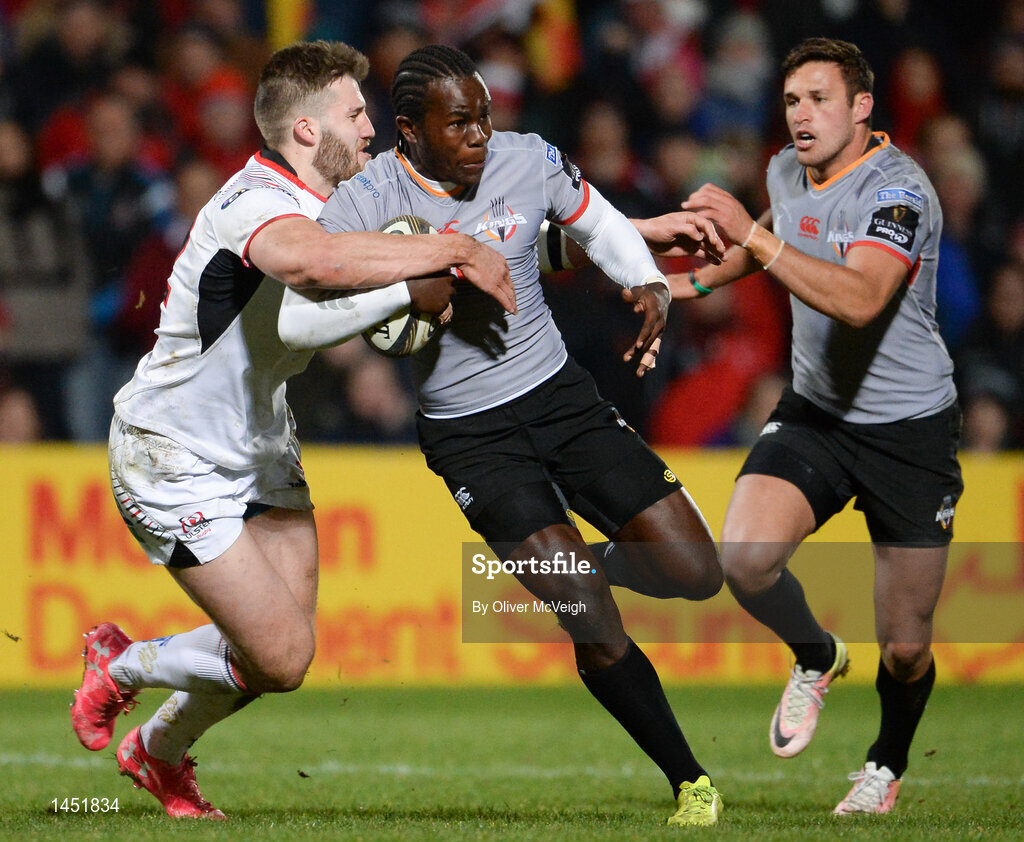 9 February 2018; Yaw Penxe of Southern kings is tackled by Stuart McCloskey of Ulster during the Guinness PRO14 Round 14 match between Ulster and Southern Kings at Kingspan Stadium in Belfast.  Photo by Oliver McVeigh/Sportsfile