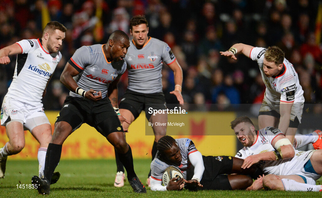 9 February 2018; Yaw Penxe of Southern kings is tackled by Stuart McCloskey of Ulster during the Guinness PRO14 Round 14 match between Ulster and Southern Kings at Kingspan Stadium in Belfast.  Photo by Oliver McVeigh/Sportsfile