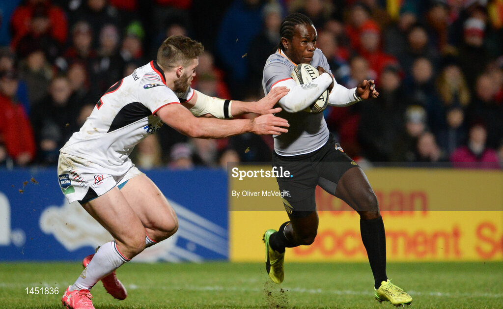 9 February 2018; Yaw Penxe of Southern kings is tackled by Stuart McCloskey of Ulster during the Guinness PRO14 Round 14 match between Ulster and Southern Kings at Kingspan Stadium in Belfast.  Photo by Oliver McVeigh/Sportsfile