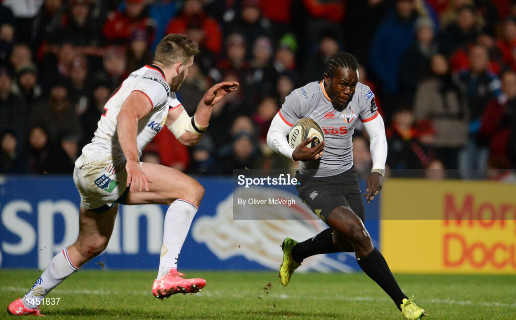 9 February 2018; Yaw Penxe of Southern kings in action against Stuart McCloskey of Ulster during the Guinness PRO14 Round 14 match between Ulster and Southern Kings at Kingspan Stadium in Belfast. Photo by Oliver McVeigh/Sportsfile
