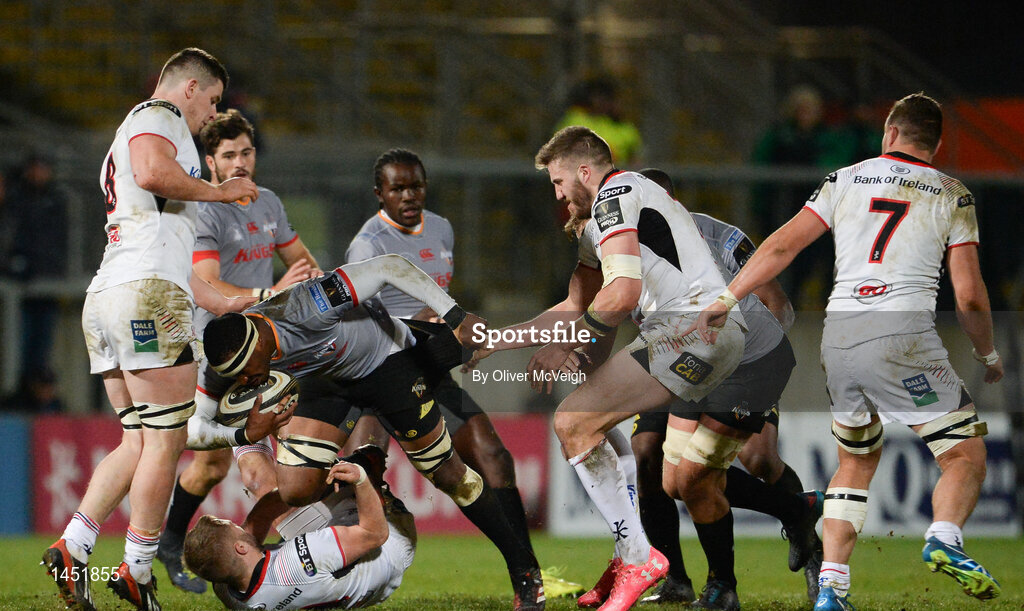 9 February 2018; Andisa Ntsila of Southern Kings is tackled by John Cooney of Ulster during the Guinness PRO14 Round 14 match between Ulster and Southern Kings at Kingspan Stadium in Belfast. Photo by Oliver McVeigh/Sportsfile