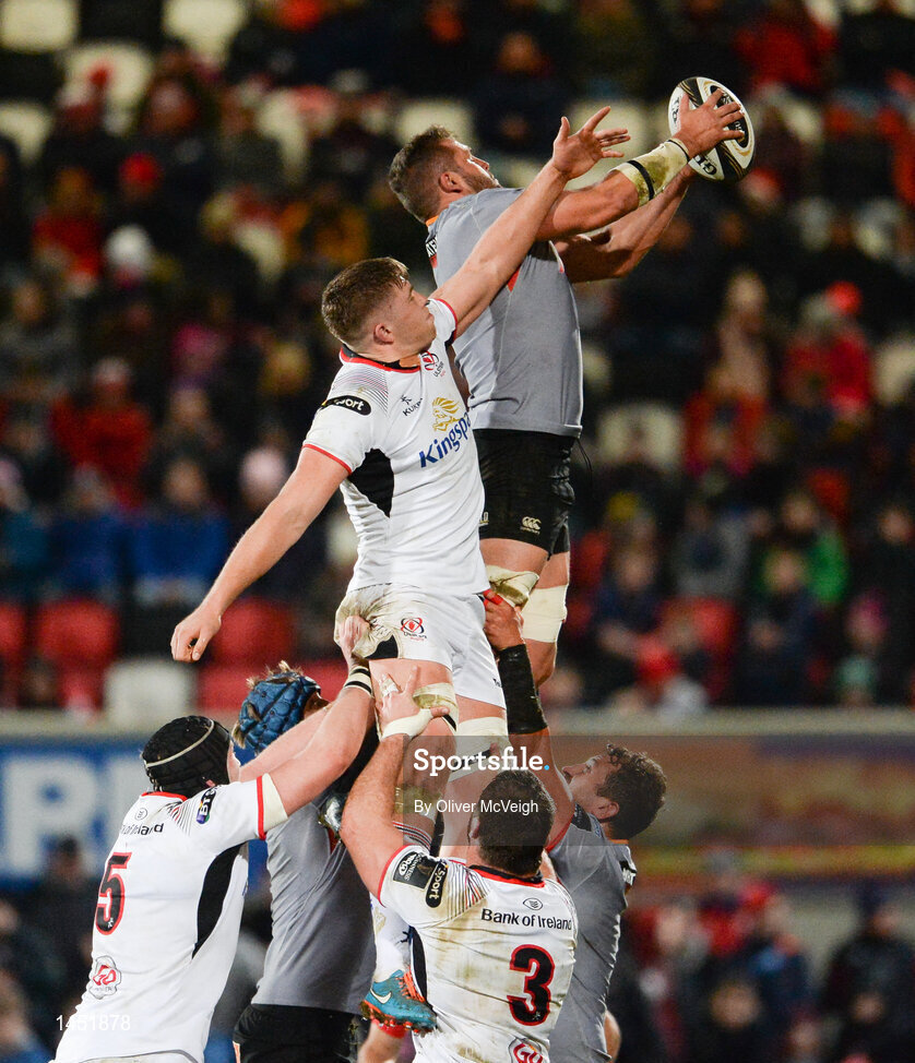 9 February 2018; Ruan Lerm of Southern Kings takes the lineout ahead of against Matthew Rea of Ulster during the Guinness PRO14 Round 14 match between Ulster and Southern Kings at Kingspan Stadium in Belfast. Photo by Oliver McVeigh/Sportsfile