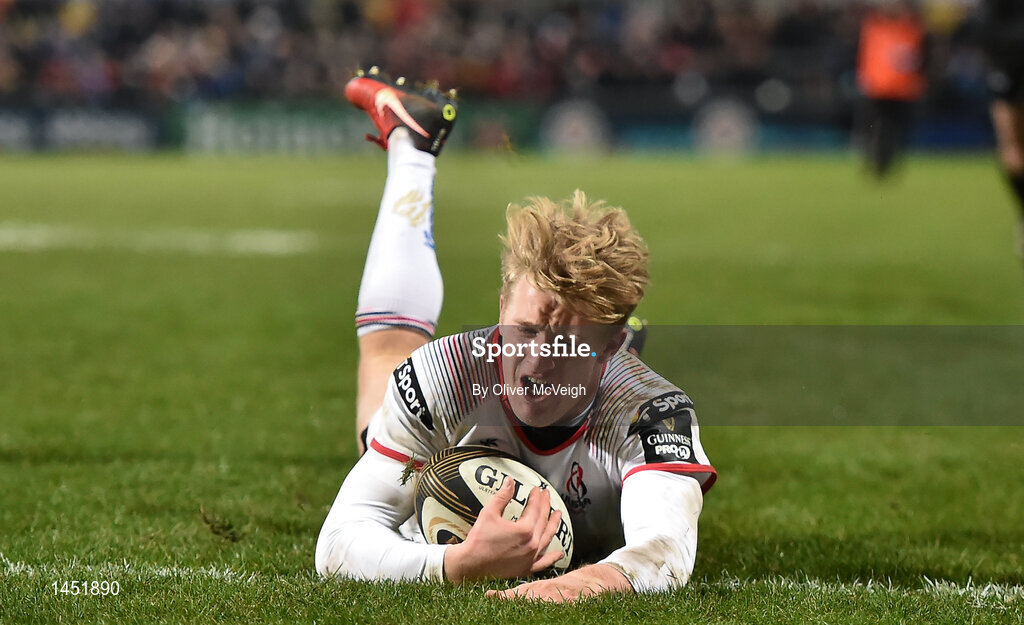 9 February 2018; Robert Lyttle of Ulster goes over for his side's seventh try during the Guinness PRO14 Round 14 match between Ulster and Southern Kings at Kingspan Stadium in Belfast. Photo by Oliver McVeigh/Sportsfile